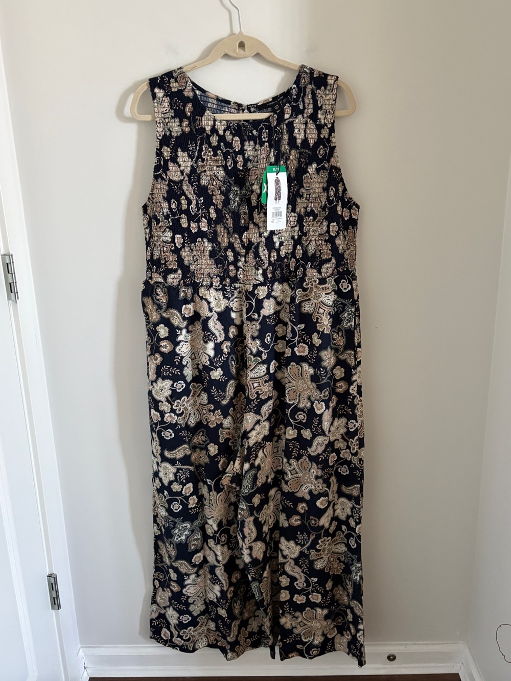 Andrew Marc Floral Print Smocked Jumpsuit - Navy & Olive Size XL